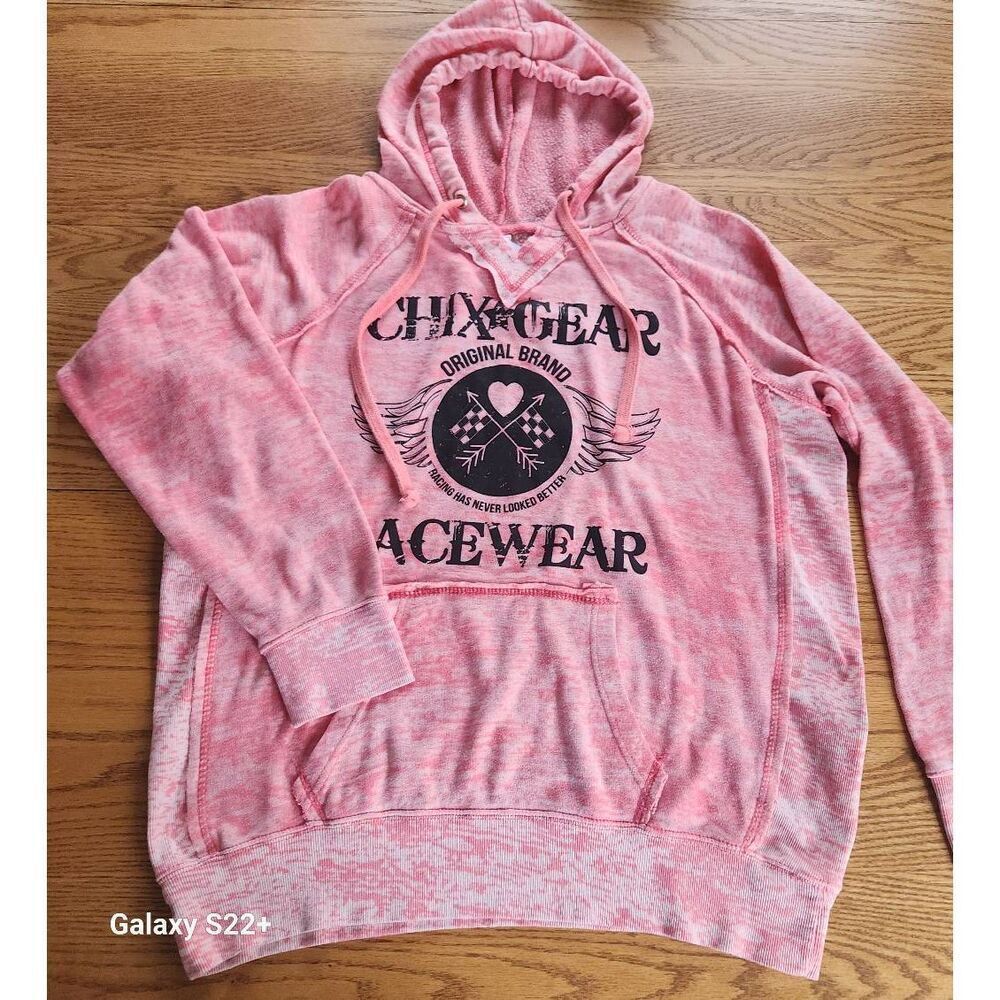 MV SPORT "CHIX GEAR RACEWEAR" pink & white hoodie, black lettering wings arrows